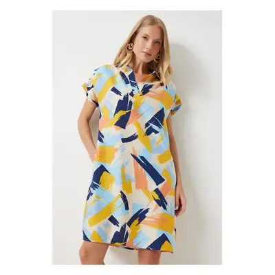 Happiness İstanbul Women's Yellow Blue Polo Neck Patterned Summer Dress