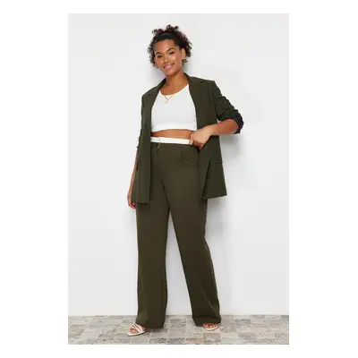 Trendyol Curve Khaki Waist Poplin Detail High Waist Wide Leg Knitted Plus Size Trousers