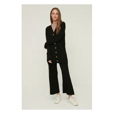 Trendyol Black V-Neck Button Detailed Long Cardigan-Pants Knitwear Suit