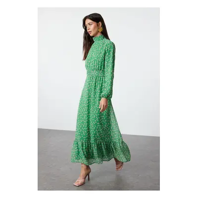 Trendyol Green Floral High Collar Waist Detailed Lined Chiffon Woven Dress