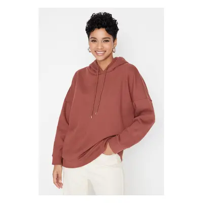 Trendyol Brown Thick Fleece Interior Printed Back Oversized/Wide Knitted Sweatshirt