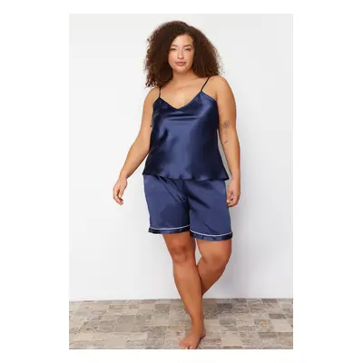 Trendyol Curve Navy Blue Satin Piping Woven Pajamas Set