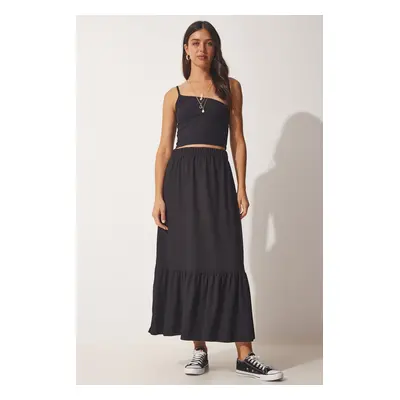 Happiness İstanbul Women's Black Flared Summer Midi Skirt