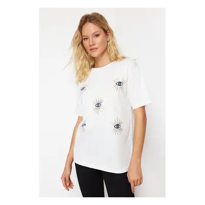 Trendyol White Printed Relaxed/Comfortable Cut Evil Eye Beaded Knitted T-Shirt