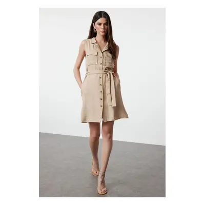 Trendyol Brown Belted Linen Look Mini Woven Shirt Dress