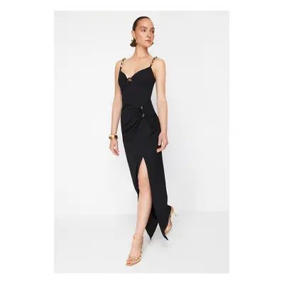 Trendyol X Zeynep Tosun Black Knitted Evening Dress & Graduation Dress with Accessory Detail