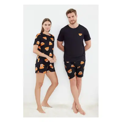 Trendyol Black 100% Cotton Teddy Bear Shorts Knitted Pajama Set