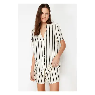 Trendyol Ecru Striped Collar Detailed Viscose Woven Pajama Set