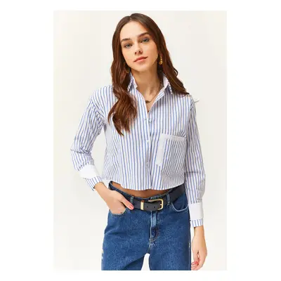 Olalook Women's White Saxe Blue Pocket and Cuff Detail Striped Crop Shirt