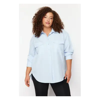 Trendyol Curve Blue Cotton Long Sleeve Double Pocket Skirt Slit Poplin Woven Plus Size Shirt