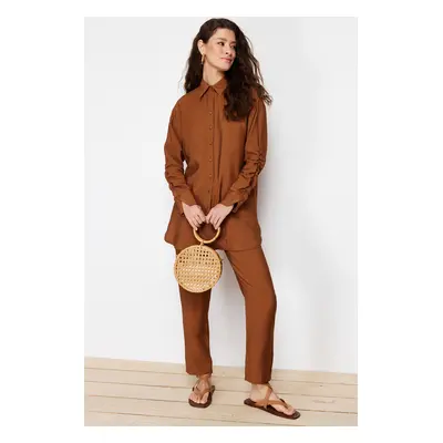 Trendyol Brown Sleeve Gathered Aerobin Shirt Trousers Woven Bottom Top Set