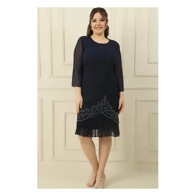 By Saygı Plus Size Crepe Dress with Chiffon Pleated Stone Detail on Sleeves and Hem