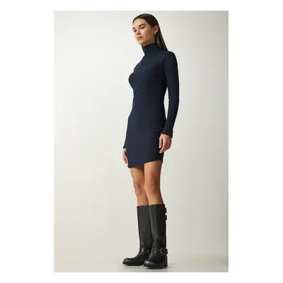 Happiness İstanbul Women's Navy Blue Turtleneck Ribbed Knitted Dress