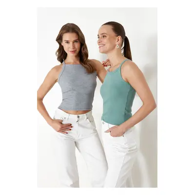 Trendyol Grey-Mint Pack Halter Neck Fitted Ribbed Flexible Knitted Undershirt