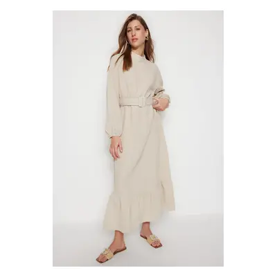 Trendyol Beige Fabric Covered Belted Seersucker Woven Dress