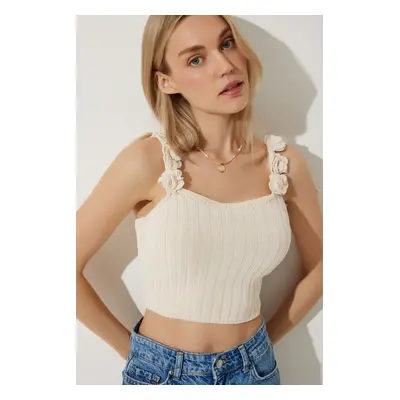 Happiness İstanbul Women's Cream Floral Strappy Crop Knitwear Blouse