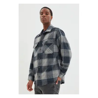 Trendyol Navy Blue Oversize Lumberjack Plaid Checkered Winter Shirt