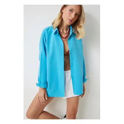 Happiness İstanbul Women's Blue Oversize Long Basic Shirt