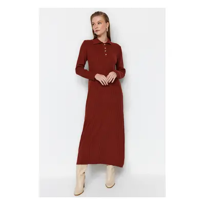 Trendyol Tile Polo Collar Buttoned Relaxed Fit Rib Knit Dress