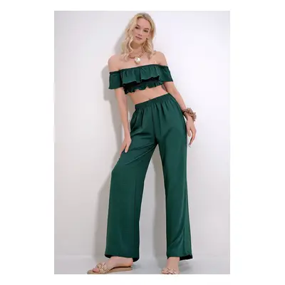 Trend Alaçatı Stili Women's Emerald Green Madonna Collar Crop Blouse And Palazzo Pants Bottom To