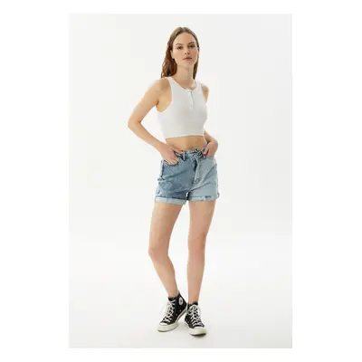 Trendyol Blue Color Block Asymmetric Closure Denim Shorts