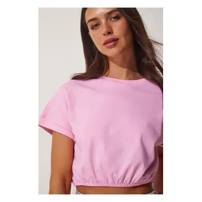 Happiness İstanbul Women's Pink Elastic Waist Crop T-Shirt