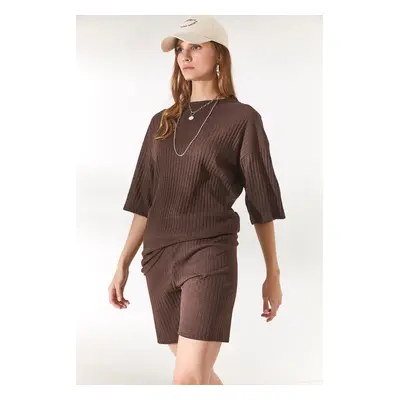 Olalook Women's Bitter Brown Bottom Short Tights Top Loose Blouse Set