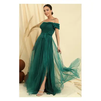 By Saygı Frilly Belted Collar And Sleeves Lined Long Tulle Dress