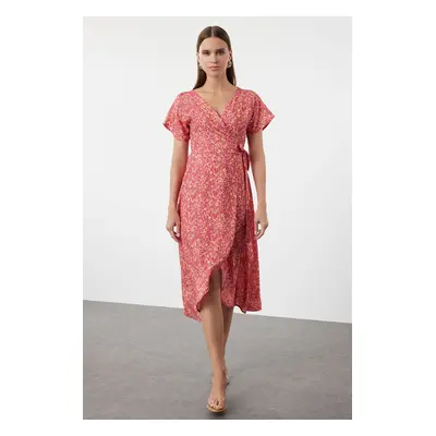 Trendyol Pink Floral Double Breasted Neck Viscose Woven Dress