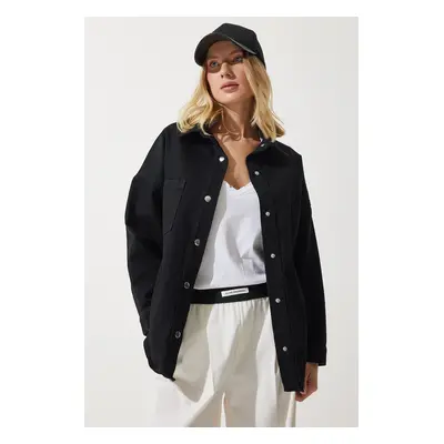 Happiness İstanbul Women's Black Oversize Gabardine Jacket with Pockets