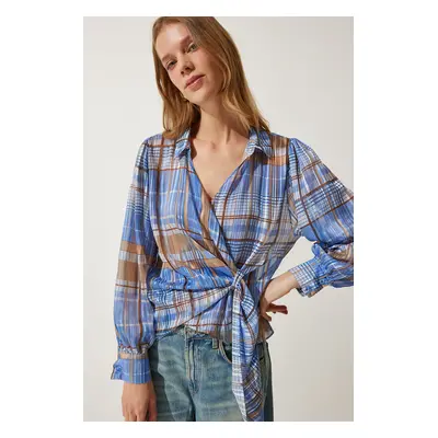 Happiness İstanbul Women's Blue Glitter Thread Checkered Shirt