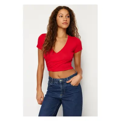 Trendyol Red Fitted/Situated Double Breasted Neck Crop Viscose Stretch Knit Blouse