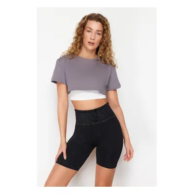 Trendyol Grey White 100% Cotton Layer Reflective Printed Crop Sports T-Shirt