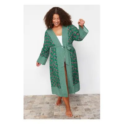 Trendyol Curve Green Ethnic Patterned Belted Maxi Length Beach WearWoven Kimono & Kaftan