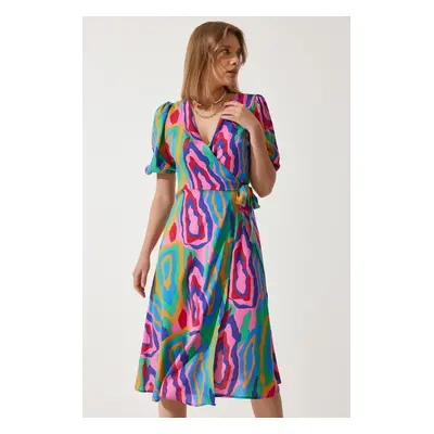 Happiness İstanbul Women's Pink Green Patterned Summer Wrap Viscose Dress