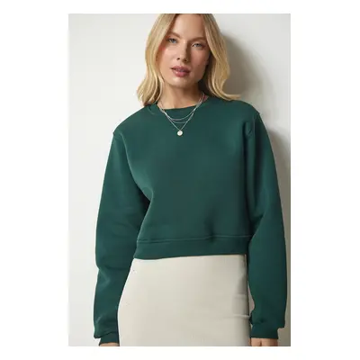 Happiness İstanbul Women's Emerald Green Rose Crop Sweatshirt