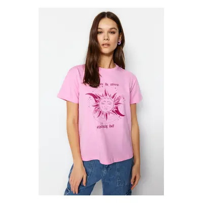 Trendyol Pink 100% Cotton Mystical Printed Basic Crew Neck Knitted T-Shirt