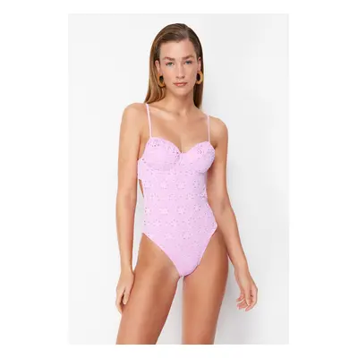 Trendyol Pink V-Neck Tie-Up Premium Fabric Regular Swimsuit