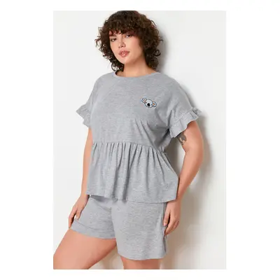 Trendyol Curve Gray Melange Koala Embroidered Single Jersey Knitted Pajamas Set