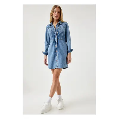 Happiness İstanbul Women's Light Blue Pocket Mini Denim Dress