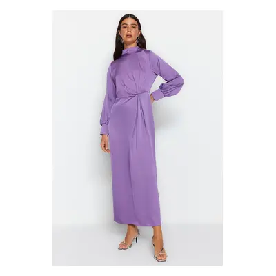 Trendyol Purple Waist Gathered Satin Evening Dress