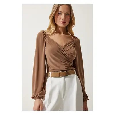 Happiness İstanbul Women's Dark Beige Elastic Balloon Sleeve Sandy Knitted Blouse