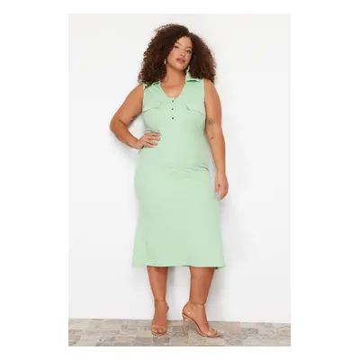 Trendyol Curve Green Polo Neck Buttoned Midi Knitted Dress