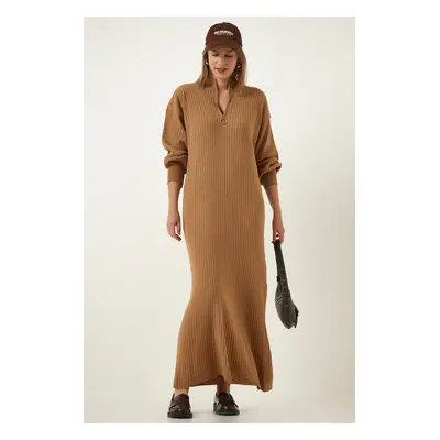 Happiness İstanbul Women's Biscuit Zipper Collar Ribbed Long Knitwear Dress