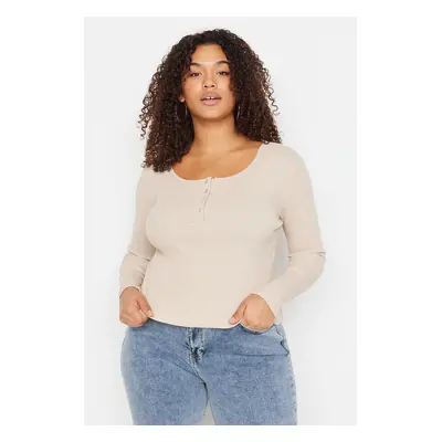 Trendyol Curve Beige U Neck Snap Detailed Knitted Crop Blouse