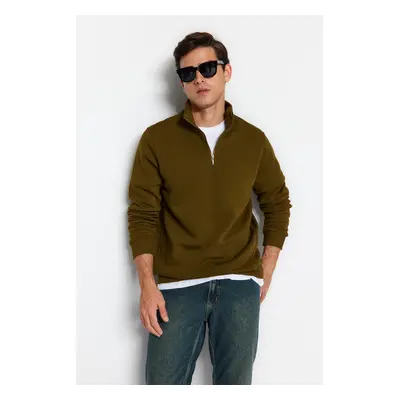 Trendyol Green Regular/Normal Cut Stand Collar Zippered Cotton Basic Polar Fleece Sweatshirt