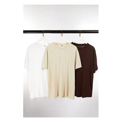 Trendyol Dark Brown-Stone-White Large Size 3-Pack Regular Cut 100% Cotton T-Shirt