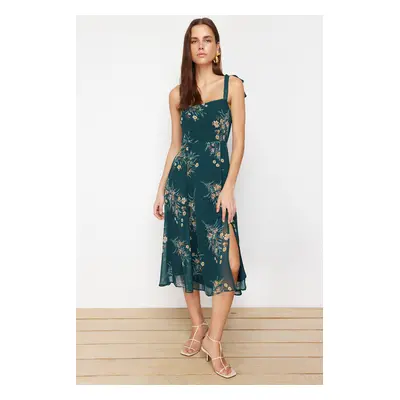 Trendyol Green Floral A-Line Slit Gimped Back Detail Chiffon Lined Midi Woven Dress