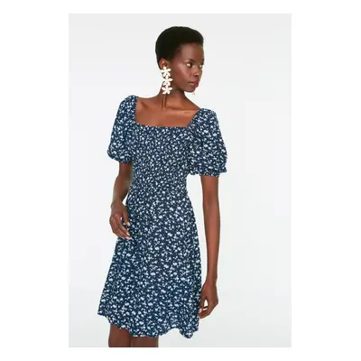 Trendyol Navy Blue Floral Skater/Belt Opening Gippeli Viscose Mini Woven Dress