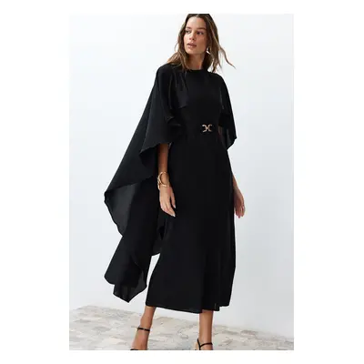 Trendyol Black Belted Cape Detailed Elegant Woven Evening Dress